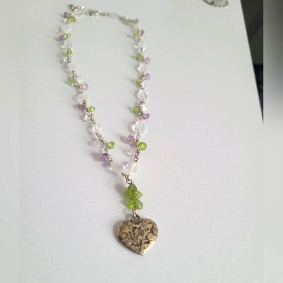 Vintage Sterling Silver Engraved Heart Purple Green Crystal Beaded Necklace - Picture 3 of 9